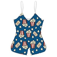 Popcorn And Movie Ticket Funny Slip Jumpsuits One Piece Romper for Women Sleeveless with Adjustable Strap Sexy Shorts