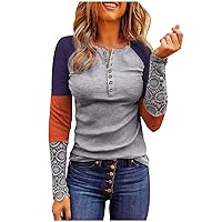 Fall Clothes for Women Women Long Sleeve V Neck Button Up Solid Tops Blouse Trendy Slim Fit Lace Sleeves Ribbed Fashion Shirt