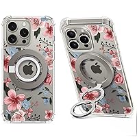 GVIEWIN Bundle - Compatible with iPhone 15 Pro Case Floral (Catharanthus) + Magnetic Phone Ring Holder (Gray)