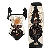 Womens Bikini Bathing Suit Sexy Suspender Vintage Print One Piece Swimsuit with Lace Up Wrap Maxi Skirt Beach Cover Up