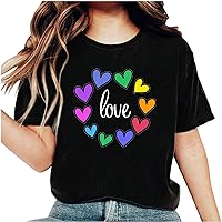Womens Valentine's Day T Shirts Cute Love Heart Letter Print Graphic Tees Casual Short Sleeve Tops for Teen Girls