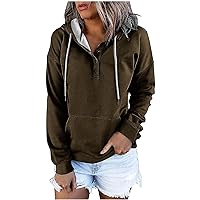 Anjikang Hoodies for Womens Fall Fashion Drawstring Button Collar Front Pocket Hooded Sweatshirts Loose Casual Pullover Tops
