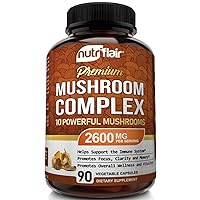 NutriFlair Mushroom Supplement 2600mg, 90 Capsules - 10 Mushrooms - Reishi, Lions Mane, Cordyceps, Chaga, Turkey Tail, Maitake, Shiitake, Oyster Nootropic shrooms complex - Brain, Energy, Focus Pills