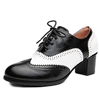 Odema Womens PU Leather Oxfords Wingtip Lace up Mid Heel Pumps Shoes