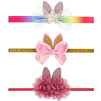 3pcs Easter Headbands for Baby Girls, Flower Bunny Ears Cheer Bow Nylon Elastic Headbands for Newborn Infant Toddlers
