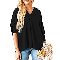 Merryfun Women's Summer V Neck Shirts 3/4 Sleeve Oversized Dressy Blouses Loose Collared Shirt Casual Solid Tunic Tops