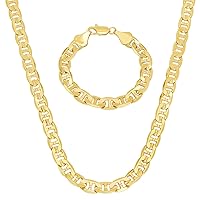 8.8mm 14k Yellow Gold Plated Flat Mariner Chain Necklace + Bracelet Set