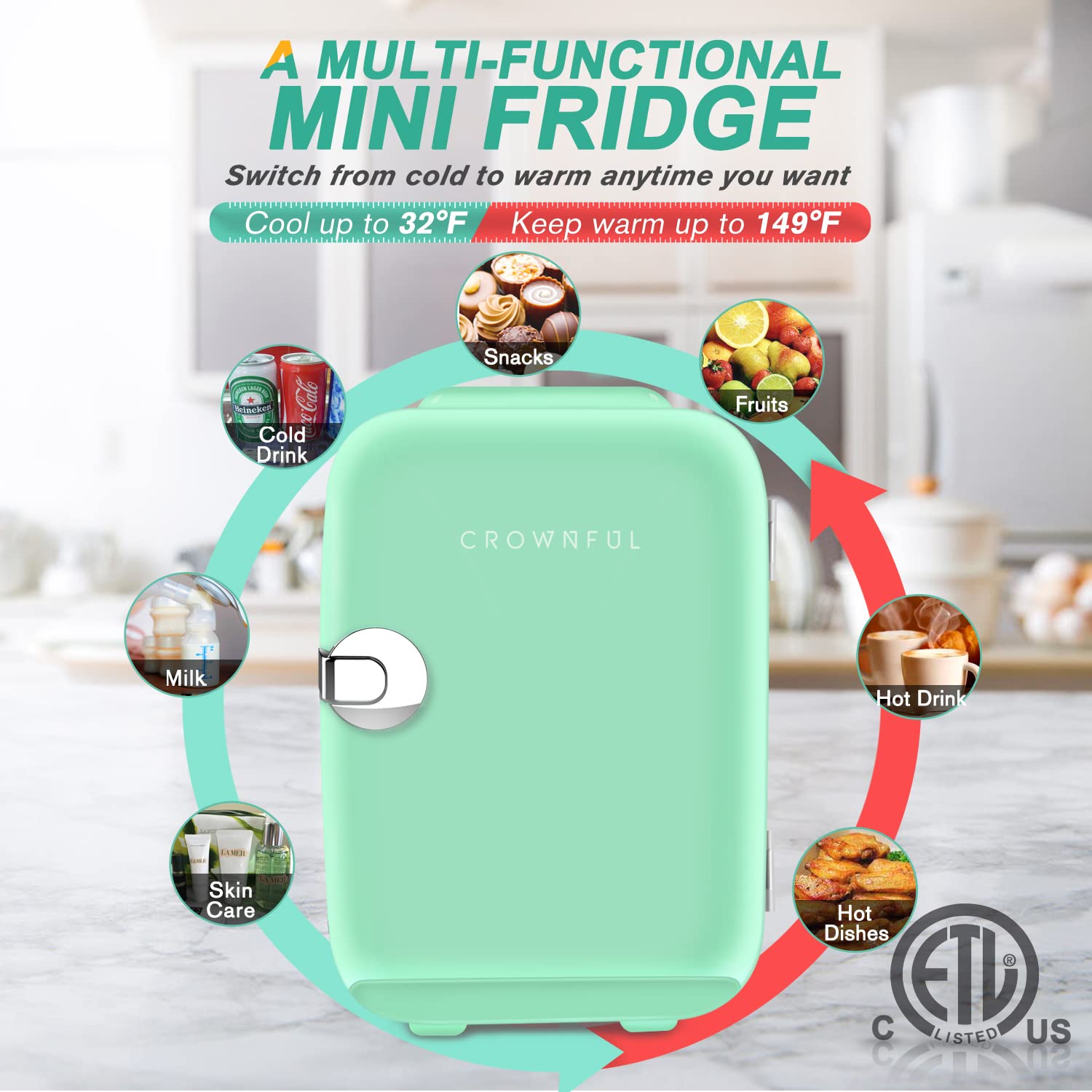 CROWNFUL Mini Fridge, 4 Liter/6 Can Portable Cooler and Warmer Personal Refrigerator for Skin Care, Cosmetics, Beverage, Food,Great for Bedroom, Office, Car, Dorm, ETL Listed (Green)