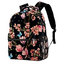 School Backpack For Teen Girls Boys, Floral Blue Butterfly Black Pattern Durable Schoolbag For Middle Student