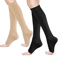 2Pairs Compression Socks for Women, Open Toe Medical Compression Stockings Support Knee High Calf 15-25mmHg Flight Compression Socks for varicose veins Nurses Running Flying Sports (S/M Black/Beige)