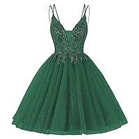 V Neck Tulle Prom Dresses Short Teens Homecoming Dresses Lace Cocktail Party Dress with Beaded Appliques