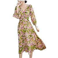 Women's Silk Dress，Seven-Point Bubble Sleeves V-Neck French Large Swing Mulberry Silk Tea Break Skirt,Lady midi