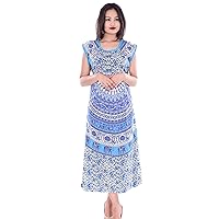 Indian 100% Cotton Women Evening Maxi Long Dress Regular Size Mandala Print Blue Color