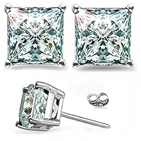 Silver Plated Princess Real Moissanite Stud Earrings (2.22 Ct,Ice Blue White Color,VVS1 Clarity)