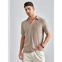 Men's T-Shirts Men Ribbed Knit Collar Tee T-Shirts for Men (Color : Khaki, Size : Large)