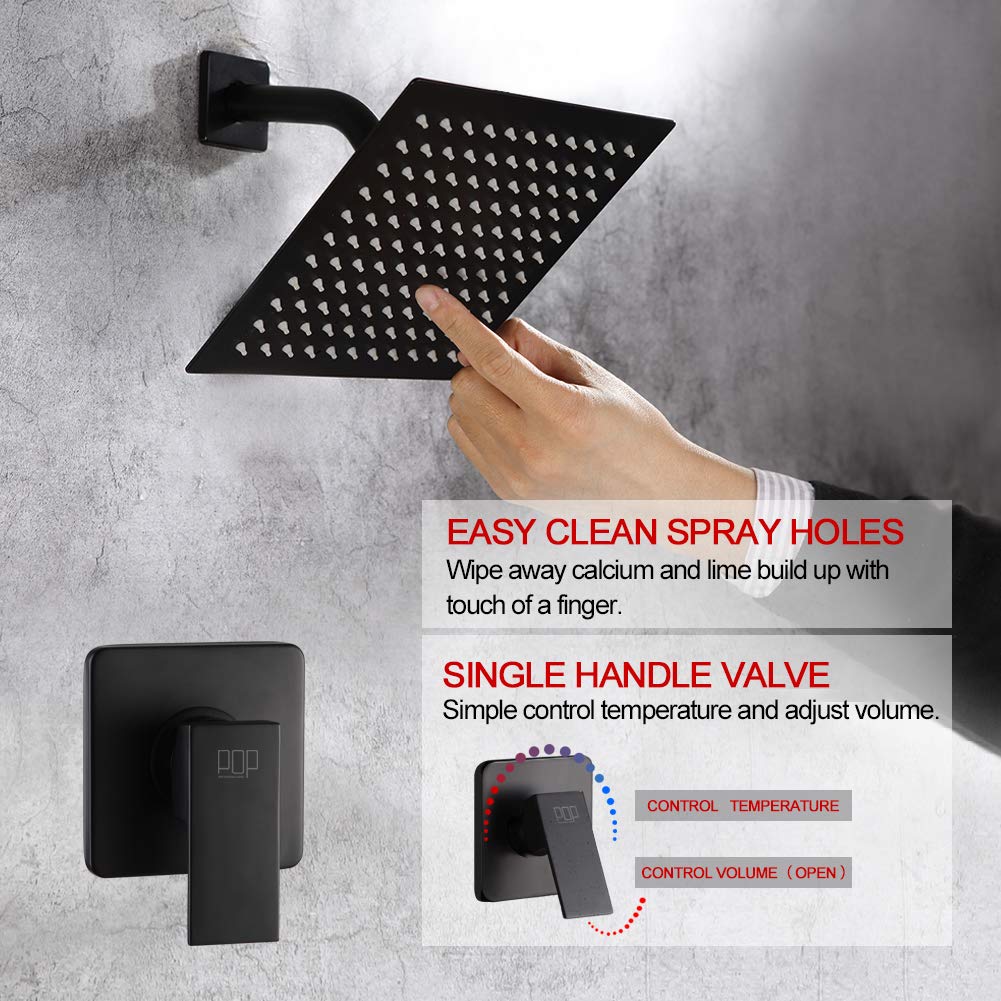 POP SANITARYWARE Matte Black Shower Faucet Set, Bathroom Rainfall Shower System with Stainless Steel Metal Showerhead, Single Function Shower Trim Kit with Rough-in Valve