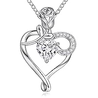 Heart Necklace Birthstone Necklaces for Women 925 Sterling Silver Jewelry Pendant Necklace Rose Flower Mother Daughter Necklace for Mom Women Grandma Her Girlfriend