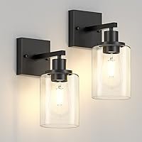 Licperron Black Vanity Wall Sconces Set of Two, Modern Sconces Wall Lighting Fixture with Clear Glass Shade for Bathroom, Industrial Metal Wall Mount Lamp for Bedroom Mirror Living Room