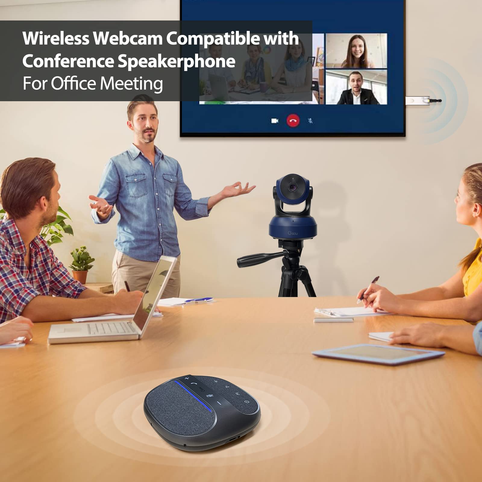 Gsou Wireless Webcam, 1080P HD Video Calling and Streaming Camera Compatible with Bluetooth Speakerphone with Bluetooth USB adapter 4 Mics for Meets,Teams, Voice Enhanced 360°Pickup Conference Speaker