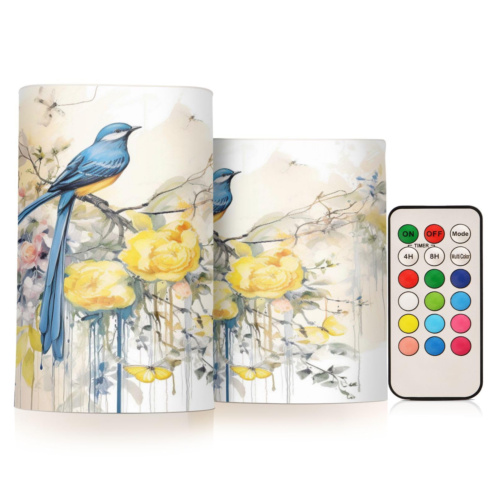Spring Blue Bird with Yellow Flowers Butterflies Flickering Flameless Candles Battery Operated with Remote Timer,Tea Light Candles LED Pillar Votive Candles set of 2 for Outdoor Indoor Decorations