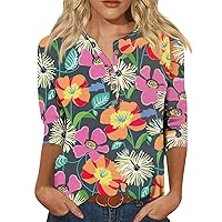 Women's Summer Tops Dressy Casual 3/4 Sleeve Shirts Cute Floral Print Graphic Tees Loose Fit Button Up Blouses