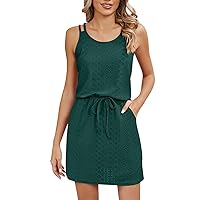 Womens Sundresses Summer Sleeveless Scoop Neck Embroidered Cute Dresses Eyelet Openwork Crochet with Pockets Skirts