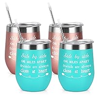 GINGPROUS 4 Pack Friend Wine Tumbler Set, Side By Side or Miles Apart Friends Wine Tumbler for Long Distance Friendship Girls Weekend, 12 Oz Stainless Steel Wine Tumbler with Lid and Straw, 2R+2M