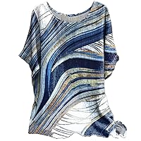 Women Linen Short Sleeve Casual Loose T-Shirts Summer Fashion Print Crew Neck Comfy Tee Tops for Vacation/Daily