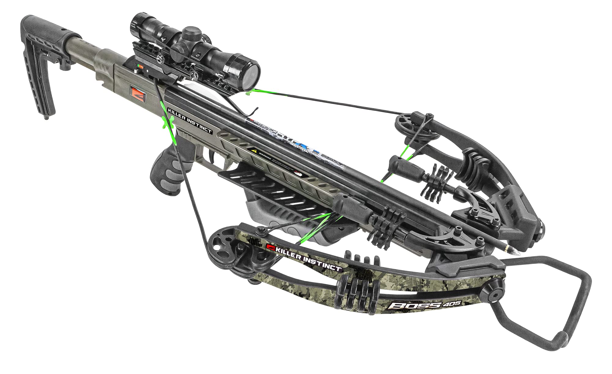 KILLER INSTINCT Boss 405 Crossbow Pro Package with 4x32 IR-W Scope, Rope Cocker, String Suppressors, 3-Bolt Quiver, 3 Hypr Lite Bolts and Field Tips, Stick of Rail Lube
