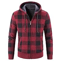 Men Sherpa Lined Full Zip Hooded Plaid Slim Fit Flannel Hoodies Shirt Jacket Fleece Thick Casual Cardigan Sweater