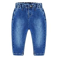 KIDSCOOL SPACE Little Girls Ruffled Elastic Waist Diagonal Pocket Denim Pants