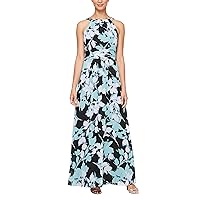 S.L. Fashions Women's Long Pleated Waist Halter Neck Printed Dress with Embellished Neckline