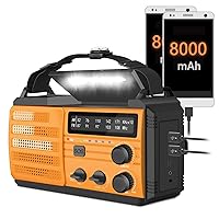 8000mAh Emergency Weather Radio, Solar Hand Crank Emergency Radio, AM/FM/NOAA Alert Weather Radio Power Bank, with SOS Alarm, Flashlight, Reading Lamp, Type-c Charging, Orange