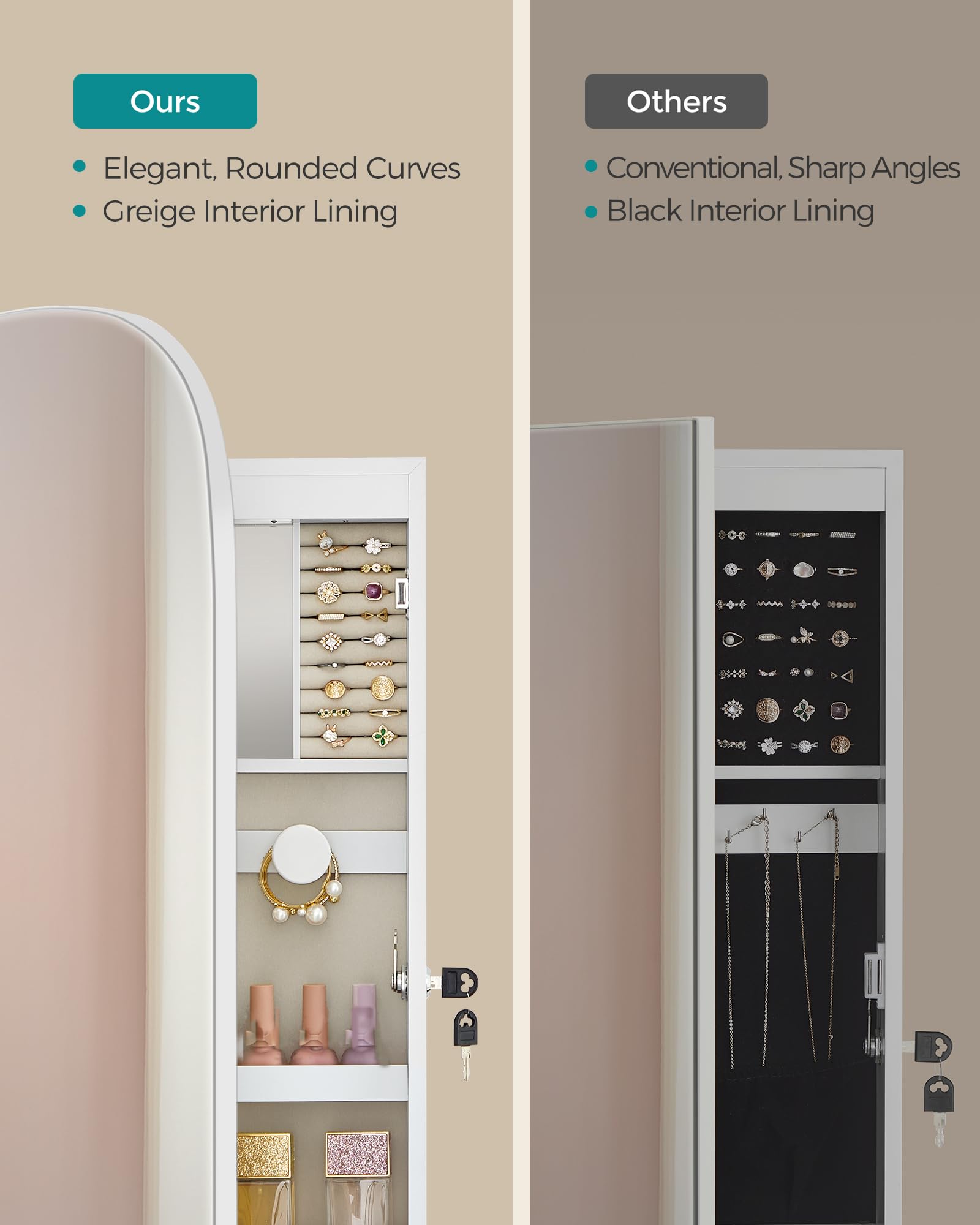 SONGMICS Jewelry Box and LED Jewelry Cabinet Bundle, Jewelry Organizer, Rounded Wide Mirror with Storage, Cloud White and Gold Color, White Surface with Greige Lining UJBC239WT and UJJC026W01