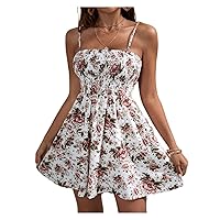Women Summer Dresses 2022 Floral Print Sleeveless Shirred Backless Cami Dress Without Belt (Color : Multicolor, Size : X-Small)