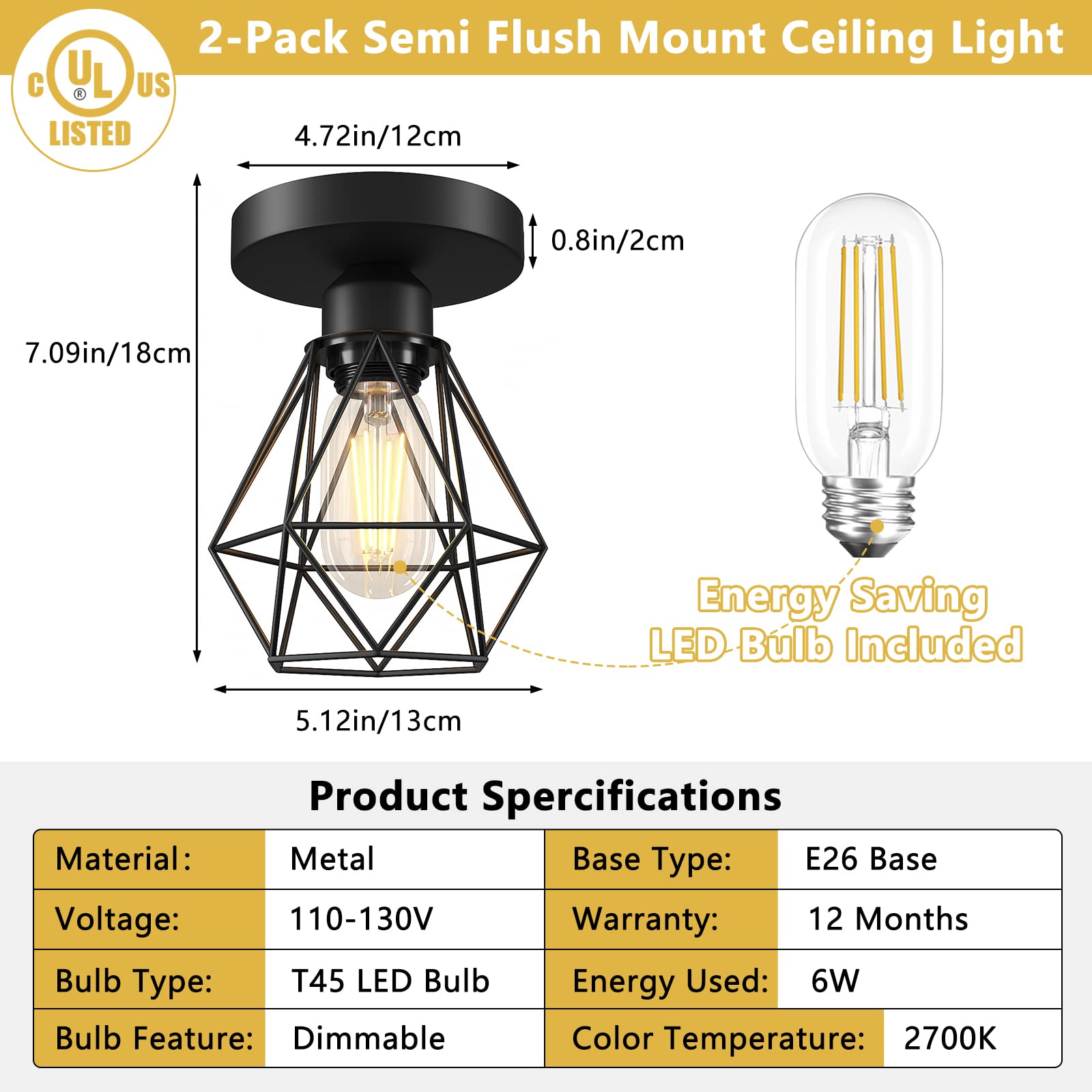 FadimiKoo 2-Pack Semi Flush Mount Ceiling Light, Black Hallway Light Fixtures Ceiling Mount, Farmhouse Metal Cage Pendant Indoor Modern Ceiling Lamp for Kitchen Porch Bedroom (LED Bulbs Included)