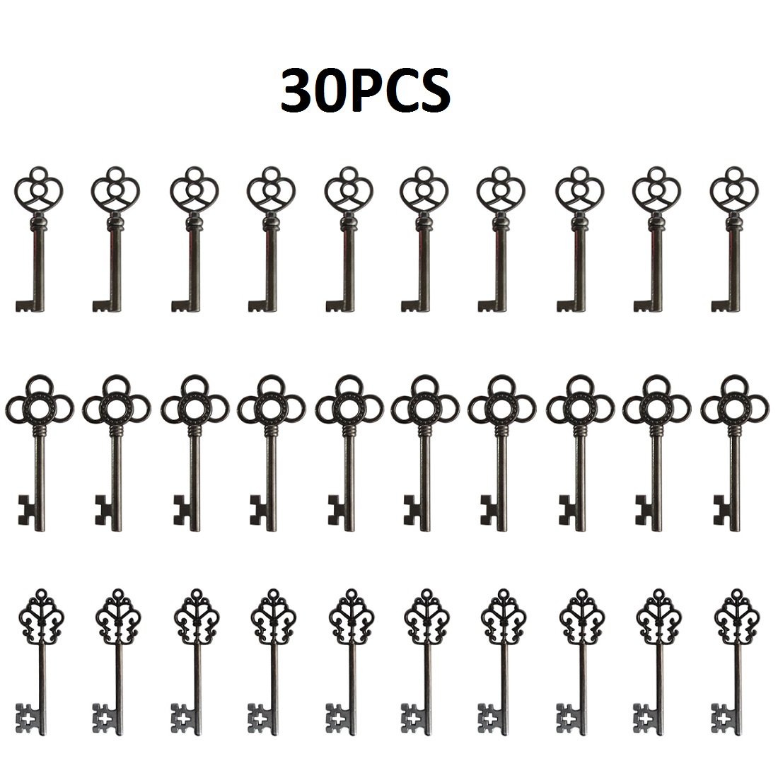 Mixed Set of 30 Vintage Old Look Skeleton Keys Fancy Heart Bow Necklace Pendants (Black)