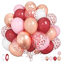 Burgundy and Rose gold balloons, 60 Pcs 12 Inch Burgundy Red Light Pink White Party Balloons with Red Confetti Balloons, Metallic Rose Gold Wine Red Balloons for Birthday Wedding Baby Shower Decor