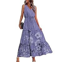 Maxi Dress for Women 2024 Summer Floral Print Fashion Pretty Flowy with Sleeveless V Neck Tunic Dresses