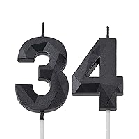 2 inch Black 34 Birthday Candles, 3D Diamond Number 34th Cake Topper for Boys Girls Birthday Party Decorations Theme Party