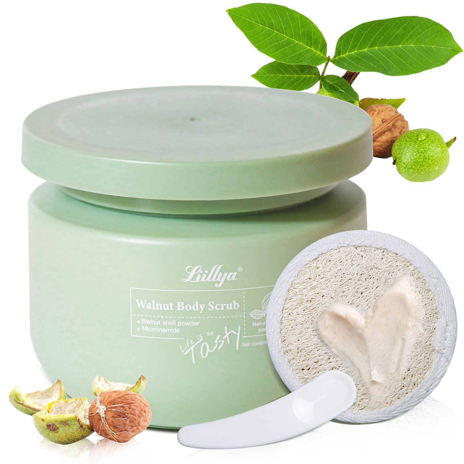 Liillya Walnut Body Scrub, Specially Increase with Niacinamide for Moisturizing, Pore Cleansing and Exfoliating, With Loofah and Scraping Spoon, 8 oz