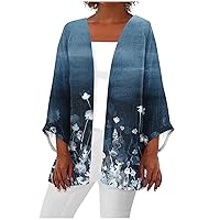 Women's Open Front Cardigan 3/4 Sleeve Casual Duster Cardigans Retro Print Jackets Lightweight Blouse Tops Coat