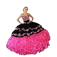 Black Velvet 3D Floral Flower Patterns Mexican Quinceanera Dresses Ball Gown Puffy Cocktail Prom Dress Ruffles
