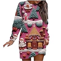 Christmas Tunic Tops for Women Crewneck Long Sleeve Loose Pullover Dress Fall Winter Trendy 3D Look Print Mini Dress