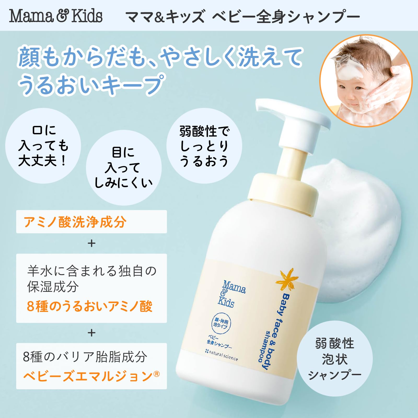 Mama & Kids Baby Full Body Shampoo, 16.2 fl oz (460 ml), Hypoallergenic Skin Care, Whole Body Soap, Additive-Free, Newborn, Foam Type