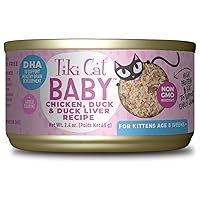 Tiki Cat Baby, Chicken Duck & Duck Liver Mousse & Shreds, High-Protein and Flavorful, Wet Cat Food for Kittens 4 Weeks Plus, 2.4 oz. Cans (Pack of 12)