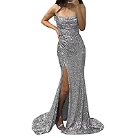 Mermaid Sequin Prom Dress Long Cowl Neck Spaghetti Straps Evening Gowns with Slit Appliques