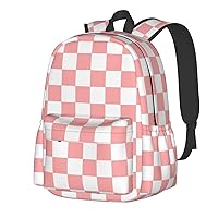 Pink White Checkered Backpack Adjustable Strap Shoulder Bag Laptop Backpack Casual Daypack School Bag for Student Boy Girl