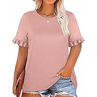 Plus Size Tops for Women Summer Ruffle Sleeve Casual Plain T Shirt Round Neck Loose Fit Blouse Tees 1X-4X