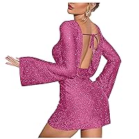 Women's Sparkly Sequin Mini Dress Lace-Up Draped Back Cocktail Dress Bell Long Sleeve Glitter Slim Party Dresses
